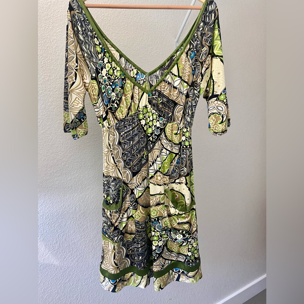 Hale Bob Green and Blue Sheath Dress V-Neck